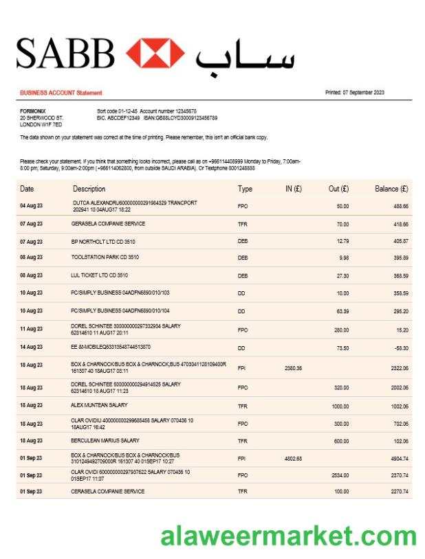 SABB Bank company statement Word and PDF template